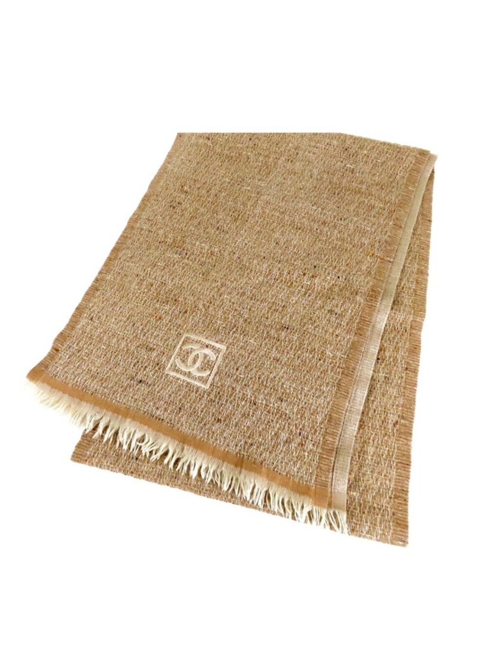 Chanel Sports Line Tweed Scarf Beige Wool Shawl